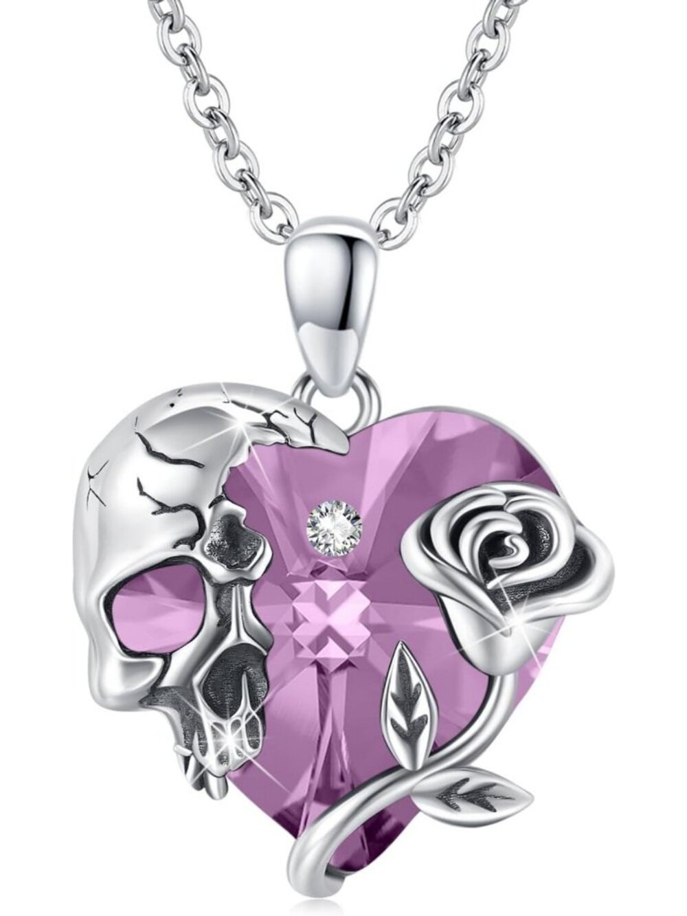 Sterling Silver Skull Necklace with Rose Birthstone - Unique Gift for Him & Her